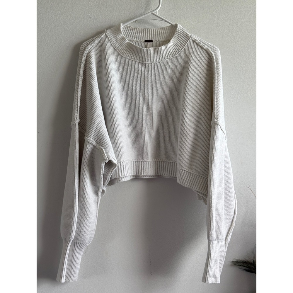 Free People Women Cream Ribbed Knit Cropped Crew Neck Sweater Large 4180